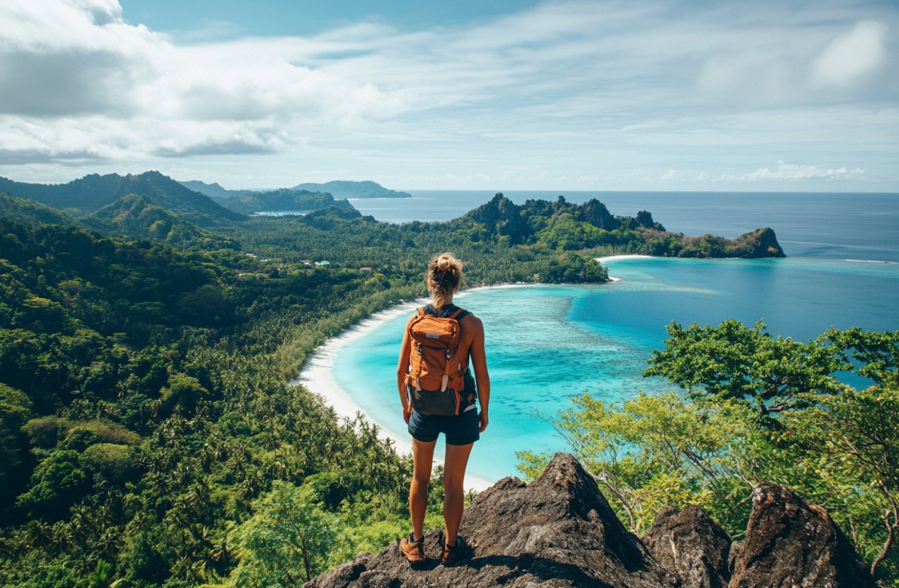 Hiker on a cliff watching jungle and white sand beach with blue lagoon water