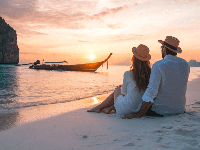 young couple staring at the sun on a beach in thailand during their honeymoon.