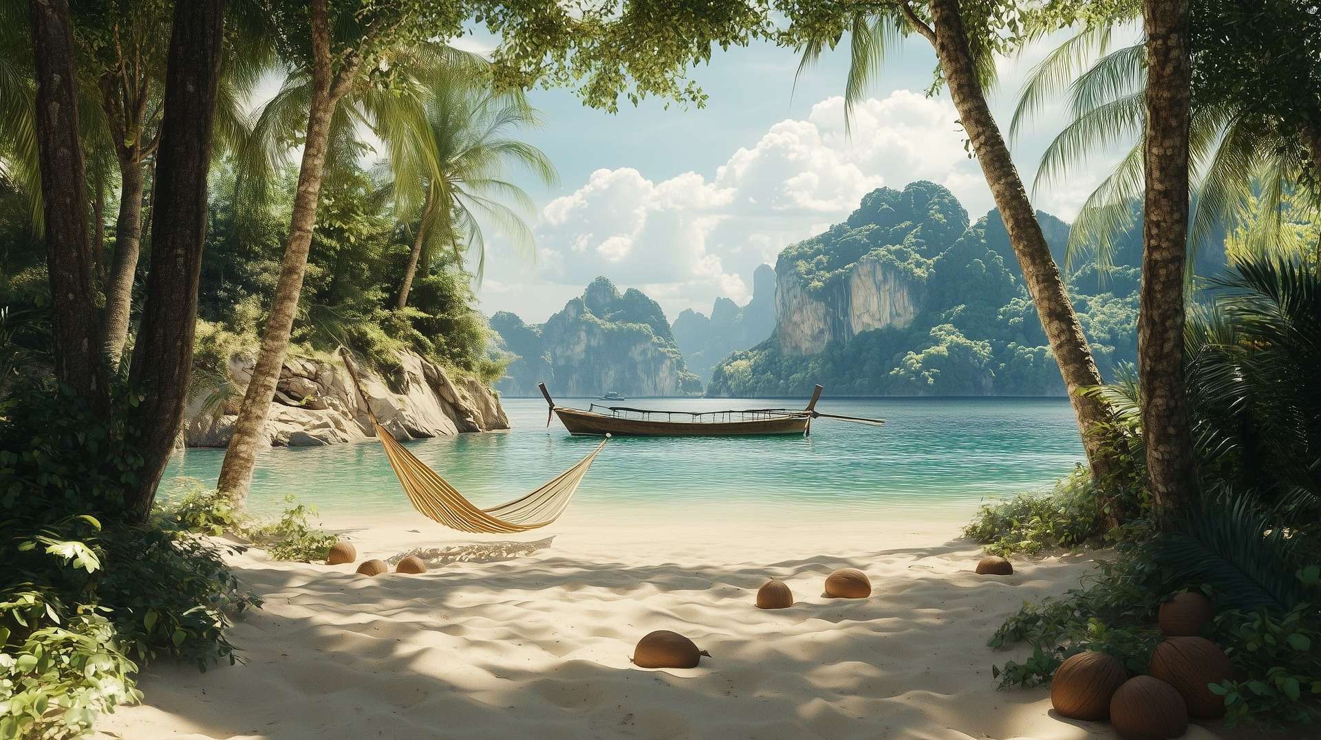 Paradise beach in thailand, palm tree, coconuts, white sand, blue lagoon water, longboat.