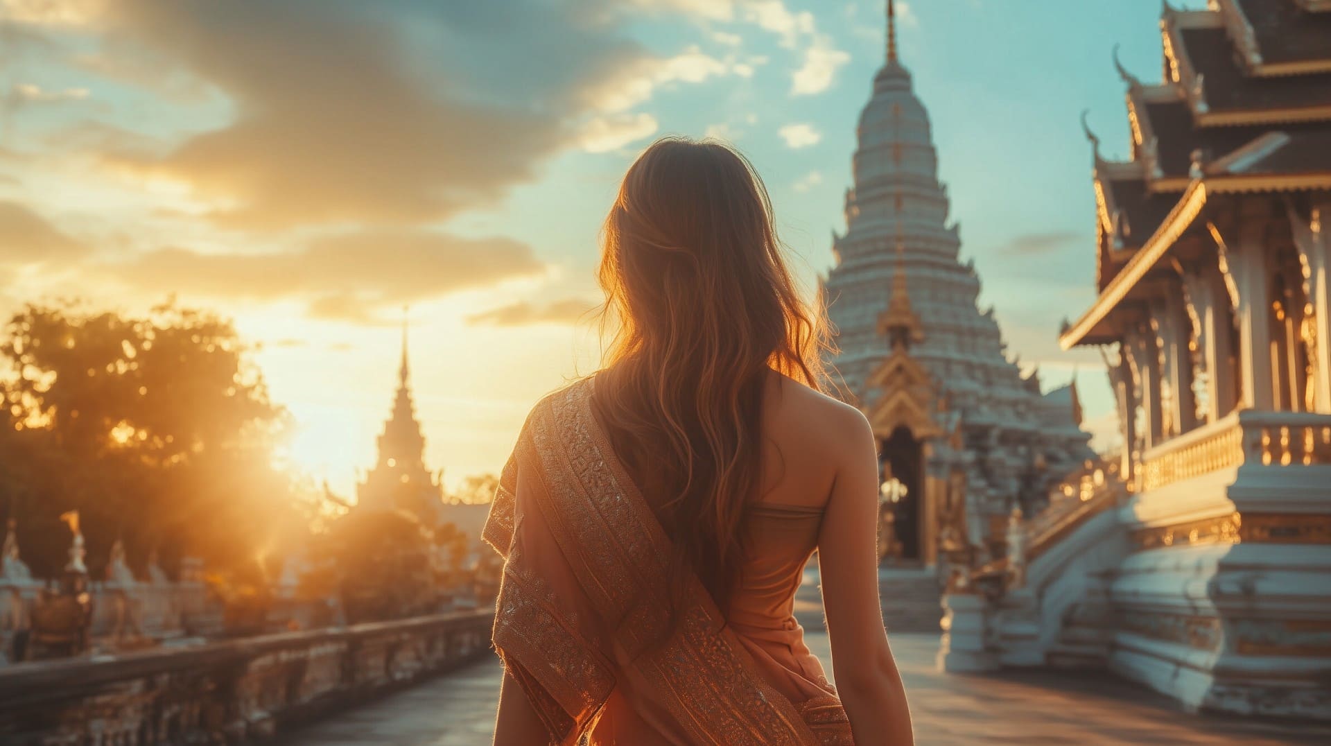 Russian girl wearing traditional thai dress in front of temple