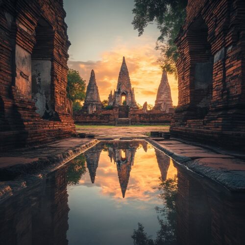 Temple in ayutthaya behind a pond.