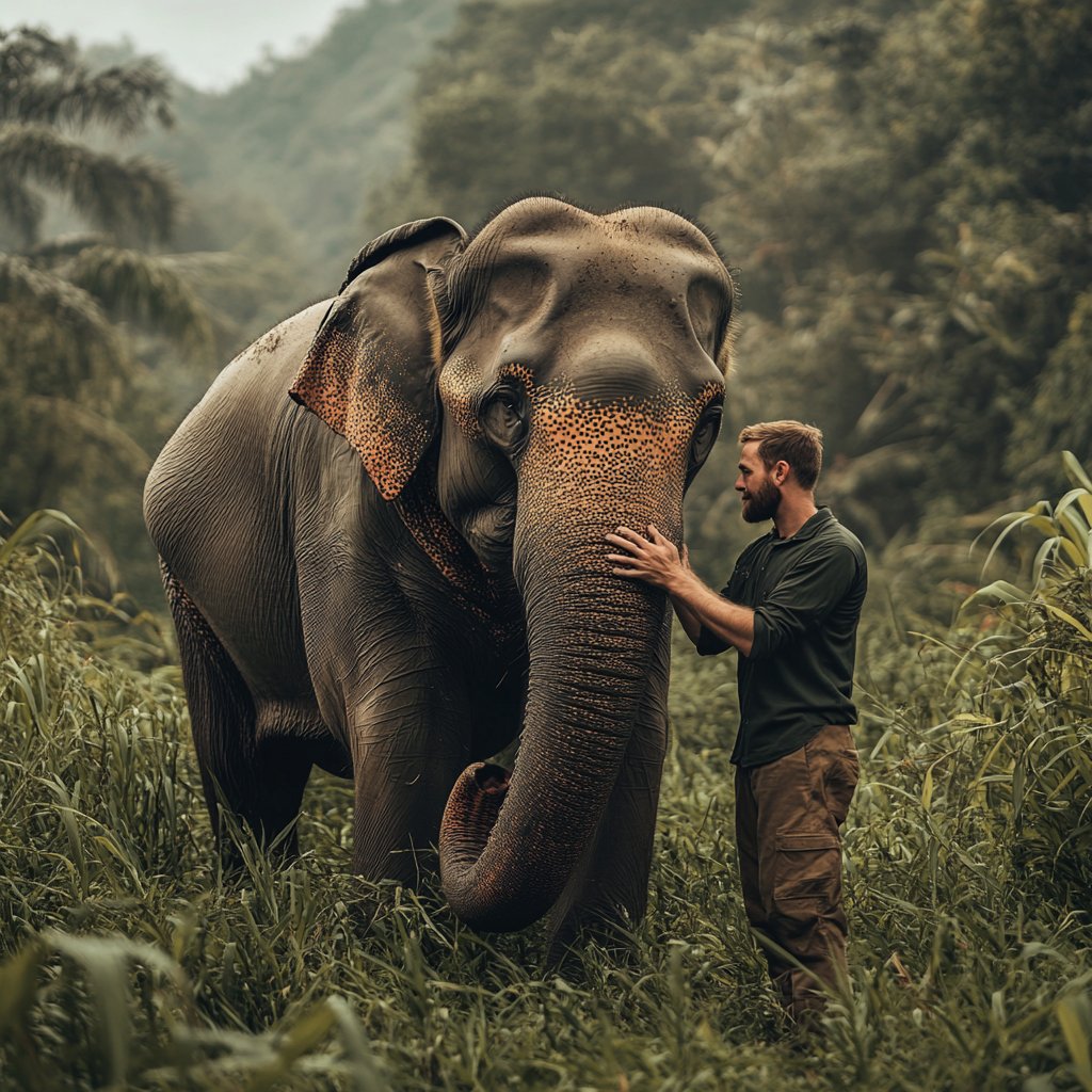 man standing next to an elephant and touching him gently. In phuket.